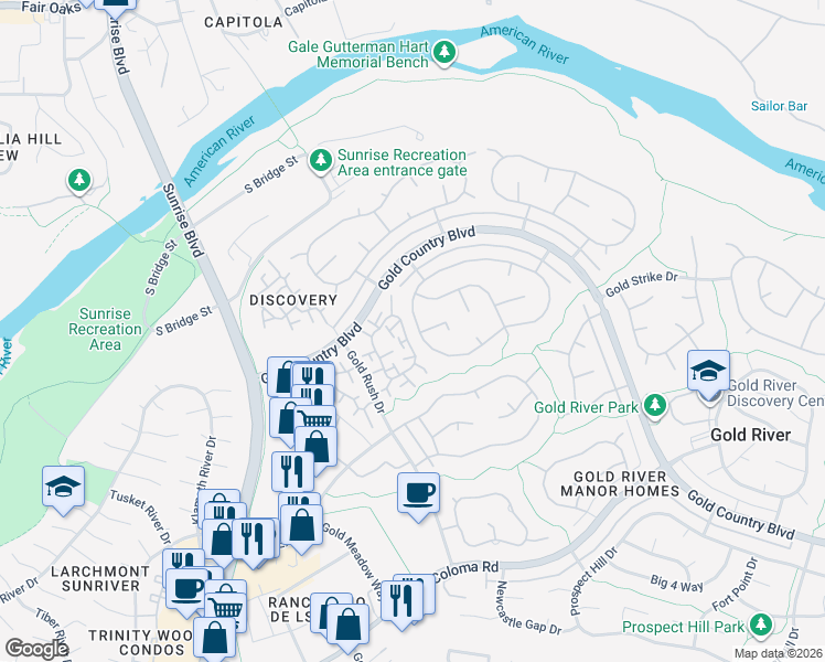 map of restaurants, bars, coffee shops, grocery stores, and more near 11567 Sutters Mill Circle in Gold River