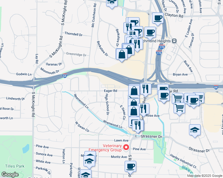 map of restaurants, bars, coffee shops, grocery stores, and more near 8906 Eager Road in St. Louis