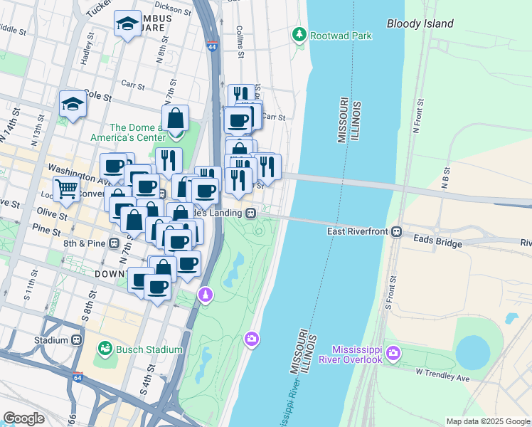 map of restaurants, bars, coffee shops, grocery stores, and more near 610 North 1st Street in St. Louis