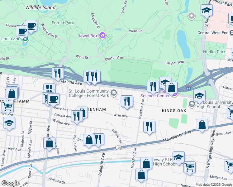map of restaurants, bars, coffee shops, grocery stores, and more near 5600 Oakland Avenue in St. Louis