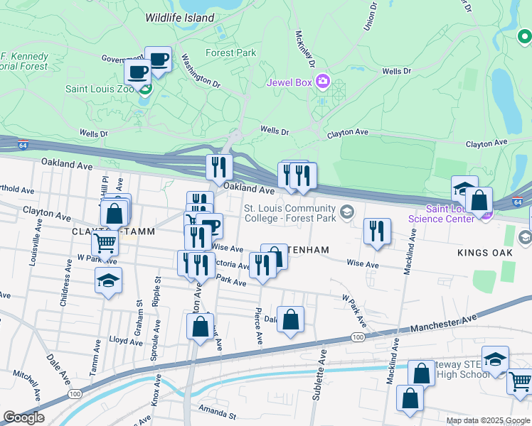 map of restaurants, bars, coffee shops, grocery stores, and more near 1031 Highlands Plaza Dr W in St Louis