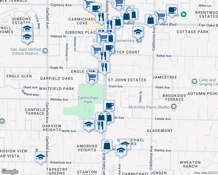 map of restaurants, bars, coffee shops, grocery stores, and more near 5900 Grant Avenue in Carmichael