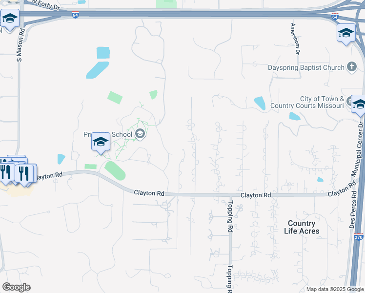 map of restaurants, bars, coffee shops, grocery stores, and more near 18 Vandiver Lane in St. Louis