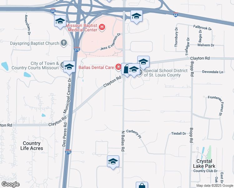 map of restaurants, bars, coffee shops, grocery stores, and more near 2605 North Ballas Road in St. Louis