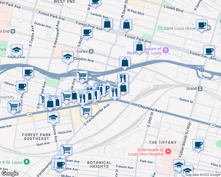 map of restaurants, bars, coffee shops, grocery stores, and more near 4019 Papin Street in St. Louis