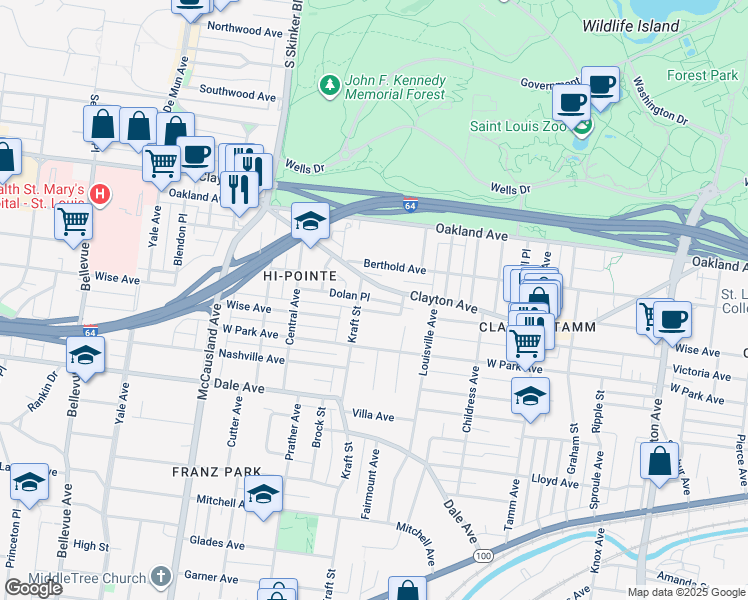 map of restaurants, bars, coffee shops, grocery stores, and more near 6633 Dolan Place in St. Louis