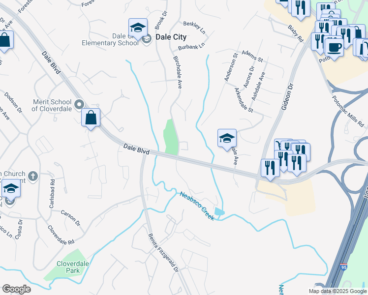 map of restaurants, bars, coffee shops, grocery stores, and more near 3205 Birchdale Square in Woodbridge