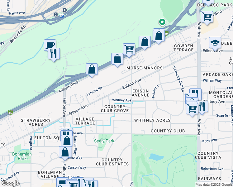 map of restaurants, bars, coffee shops, grocery stores, and more near 2912 Edison Avenue in Sacramento
