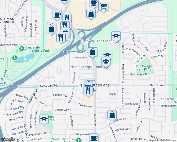 map of restaurants, bars, coffee shops, grocery stores, and more near 1685 Vallarta Circle in Sacramento