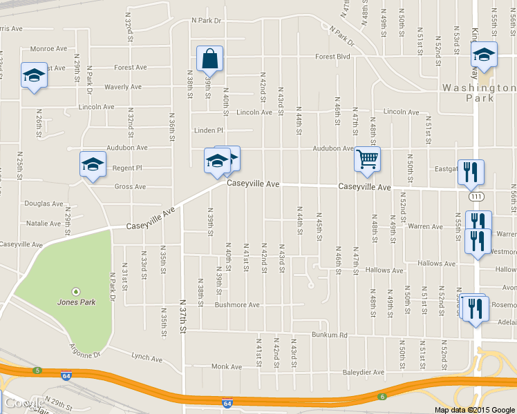 map of restaurants, bars, coffee shops, grocery stores, and more near 1517 North 42nd Street in East St. Louis