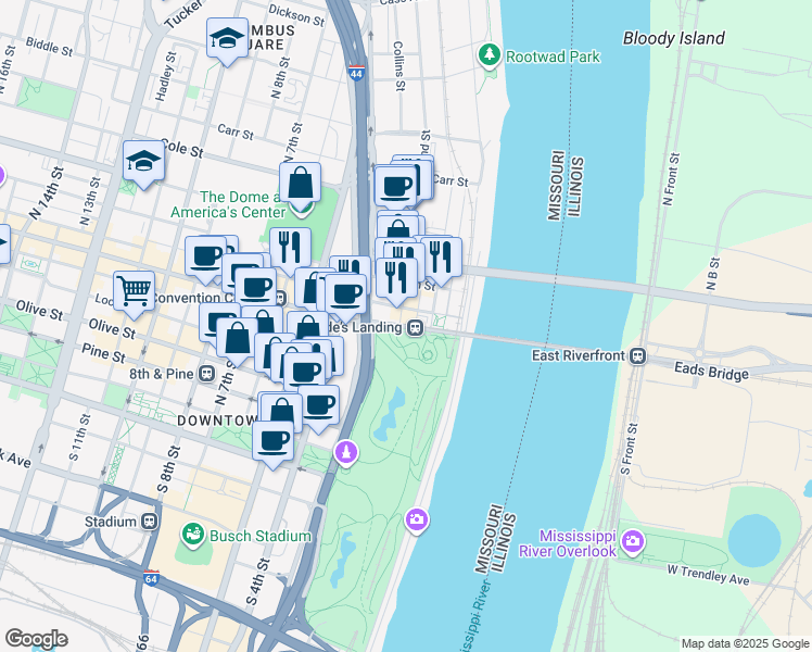 map of restaurants, bars, coffee shops, grocery stores, and more near in St. Louis