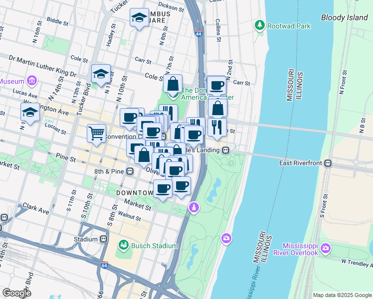 map of restaurants, bars, coffee shops, grocery stores, and more near 414 Washington Avenue in St. Louis