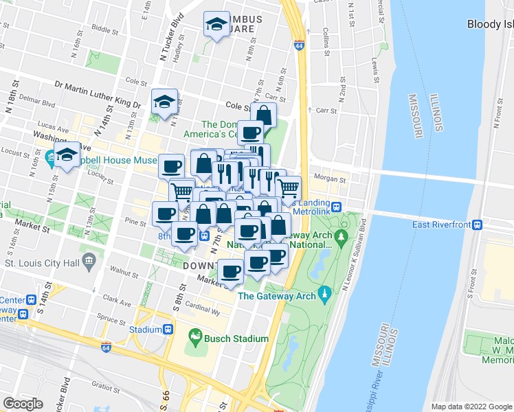 map of restaurants, bars, coffee shops, grocery stores, and more near in St. Louis