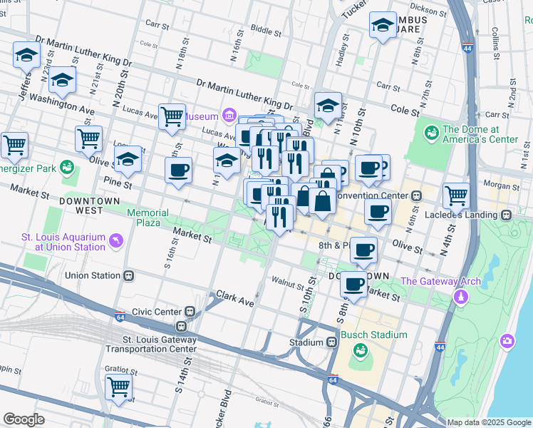 map of restaurants, bars, coffee shops, grocery stores, and more near 231 North Tucker Boulevard in St. Louis