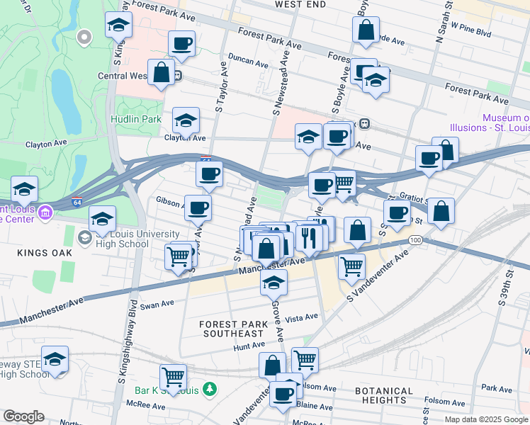 map of restaurants, bars, coffee shops, grocery stores, and more near 4368 Chouteau Avenue in St. Louis