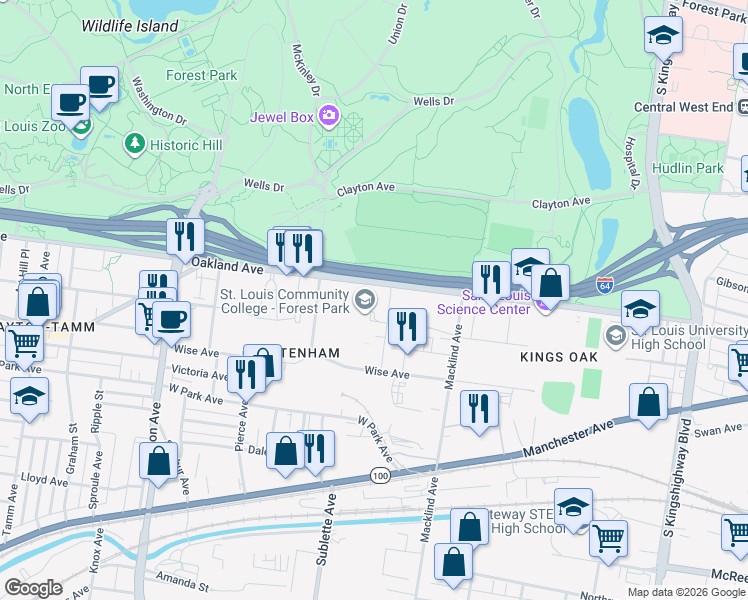 map of restaurants, bars, coffee shops, grocery stores, and more near 5600 Oakland Avenue in St. Louis