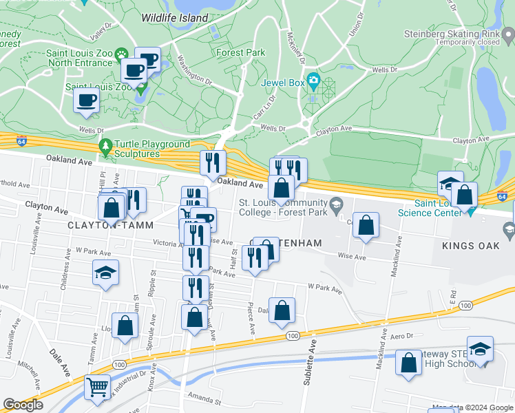 map of restaurants, bars, coffee shops, grocery stores, and more near 1031 West Highlands Plaza Drive in St. Louis