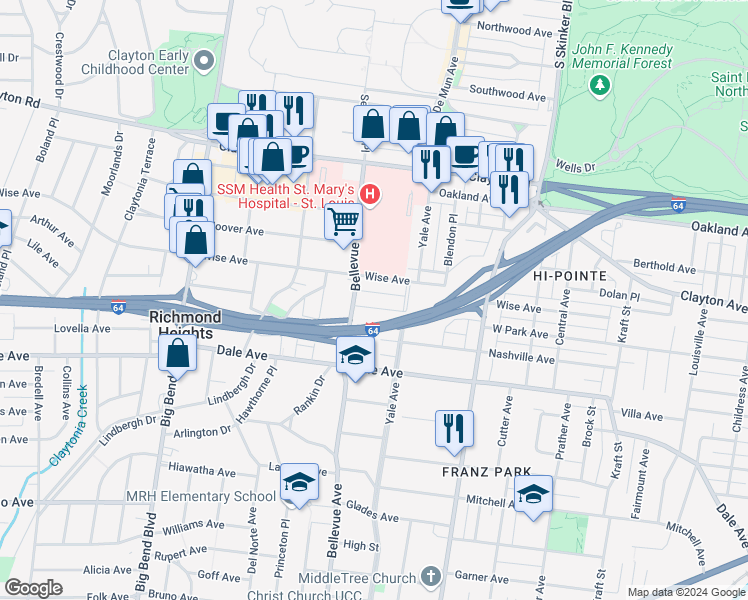 map of restaurants, bars, coffee shops, grocery stores, and more near 1220 Bellevue Avenue in Richmond Heights