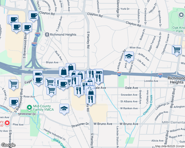 map of restaurants, bars, coffee shops, grocery stores, and more near in Clayton