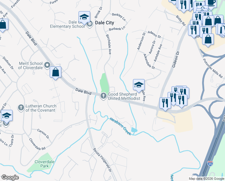 map of restaurants, bars, coffee shops, grocery stores, and more near 3205 Birchdale Square in Woodbridge