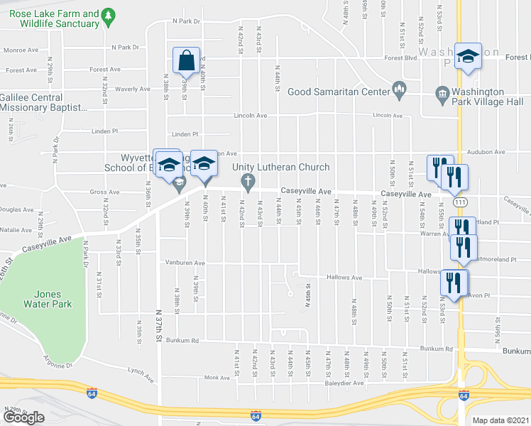 map of restaurants, bars, coffee shops, grocery stores, and more near 1516 North 43rd Street in East St. Louis