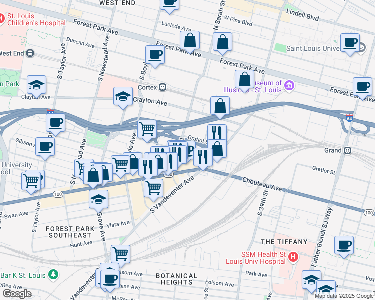 map of restaurants, bars, coffee shops, grocery stores, and more near 4019 Papin Street in St. Louis