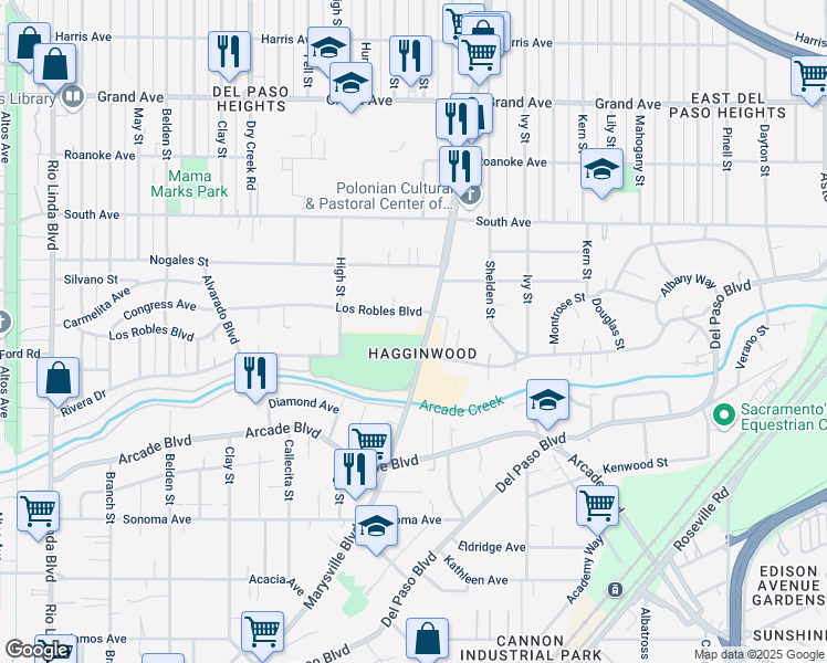 map of restaurants, bars, coffee shops, grocery stores, and more near 3373 Marysville Boulevard in Sacramento