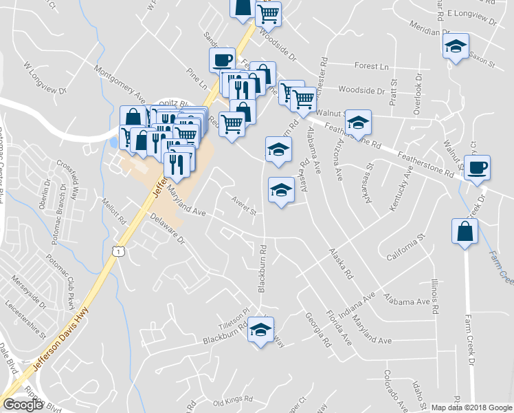 map of restaurants, bars, coffee shops, grocery stores, and more near 14883 Ursula Ct in Woodbridge