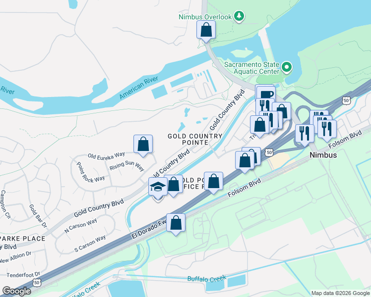 map of restaurants, bars, coffee shops, grocery stores, and more near 12044 Gold Pointe Lane in Gold River