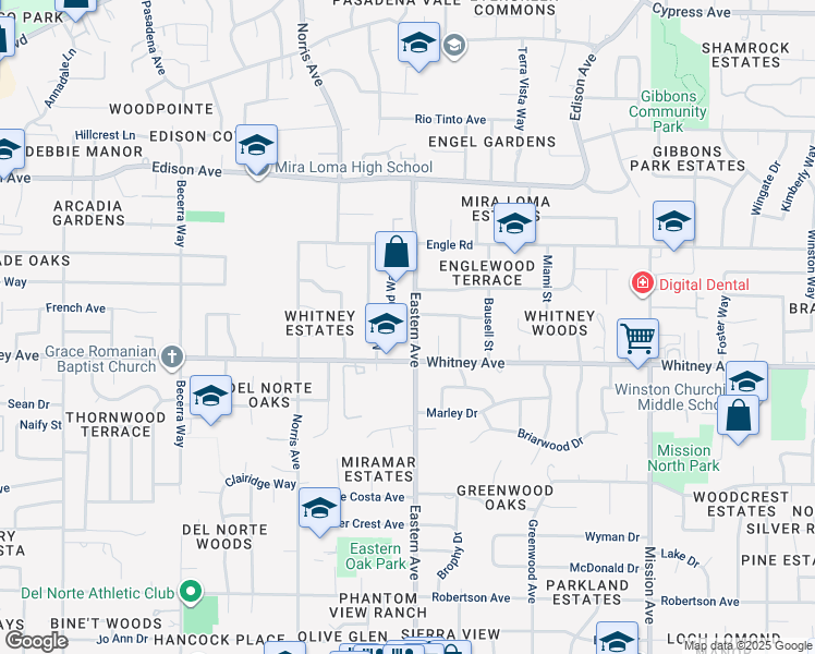 map of restaurants, bars, coffee shops, grocery stores, and more near 3531 Eastern Avenue in Sacramento