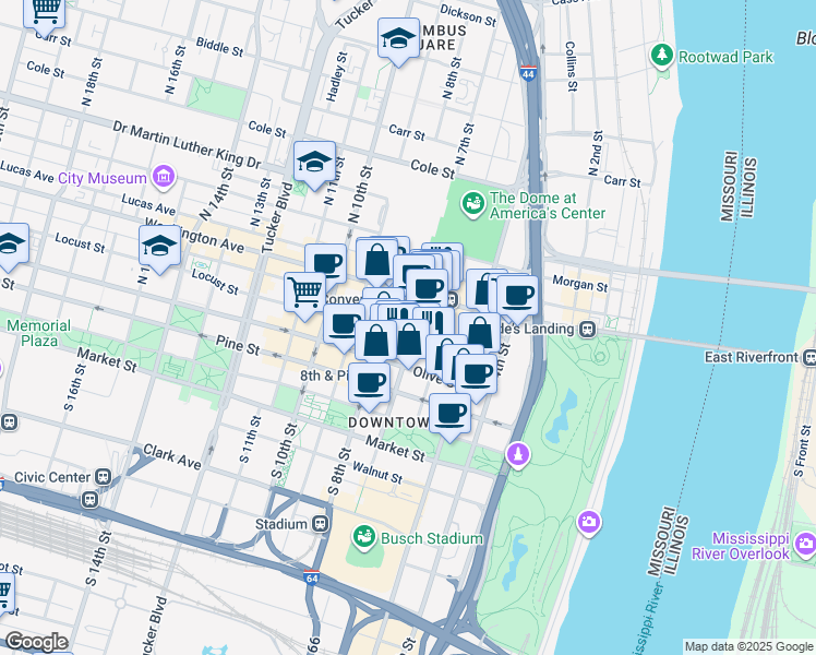 map of restaurants, bars, coffee shops, grocery stores, and more near 411 North 7th Street in St. Louis