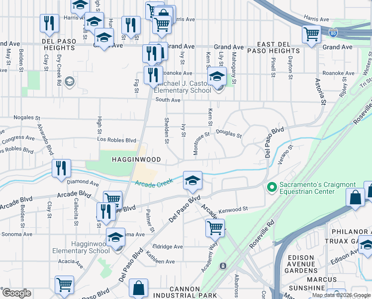 map of restaurants, bars, coffee shops, grocery stores, and more near 3310 Ivy Street in Sacramento