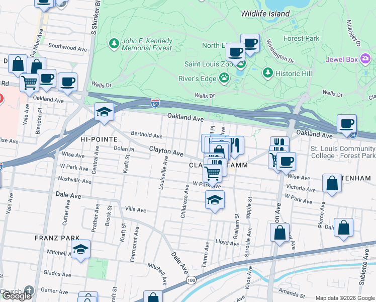 map of restaurants, bars, coffee shops, grocery stores, and more near 1122 Sanford Avenue in St. Louis
