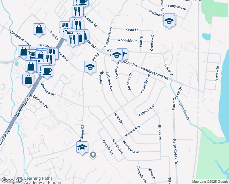 map of restaurants, bars, coffee shops, grocery stores, and more near 14825 Alabama Avenue in Woodbridge