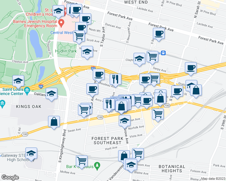 map of restaurants, bars, coffee shops, grocery stores, and more near 1011 South Newstead Avenue in St. Louis