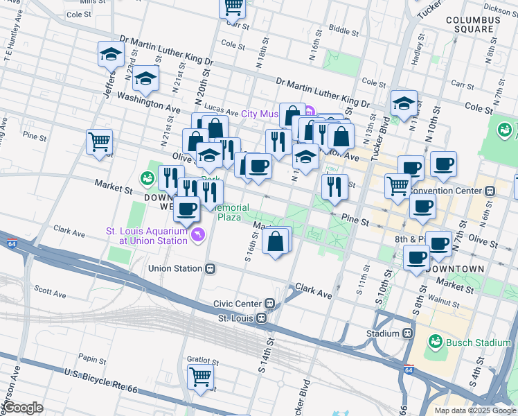 map of restaurants, bars, coffee shops, grocery stores, and more near 1621 Chestnut Street in St. Louis