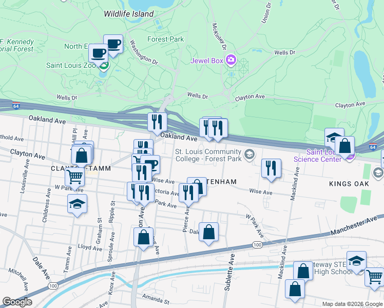 map of restaurants, bars, coffee shops, grocery stores, and more near 1031 West Highlands Plaza Drive in St. Louis