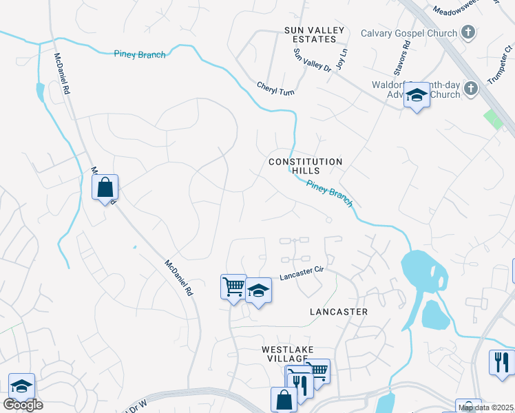 map of restaurants, bars, coffee shops, grocery stores, and more near 10800 United Court in Waldorf