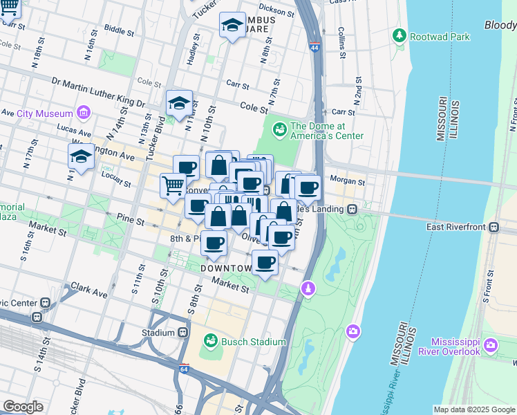 map of restaurants, bars, coffee shops, grocery stores, and more near 622 Washington Avenue in St. Louis