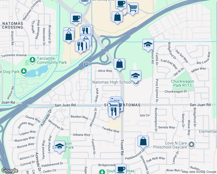map of restaurants, bars, coffee shops, grocery stores, and more near 1665 Vallarta Circle in Sacramento
