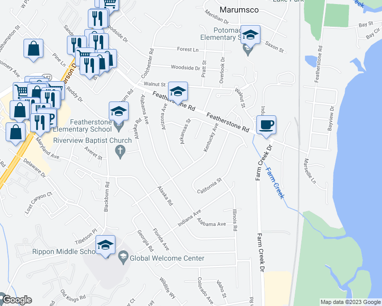 map of restaurants, bars, coffee shops, grocery stores, and more near 14758 Arkansas Street in Woodbridge