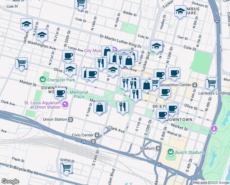 map of restaurants, bars, coffee shops, grocery stores, and more near in St. Louis