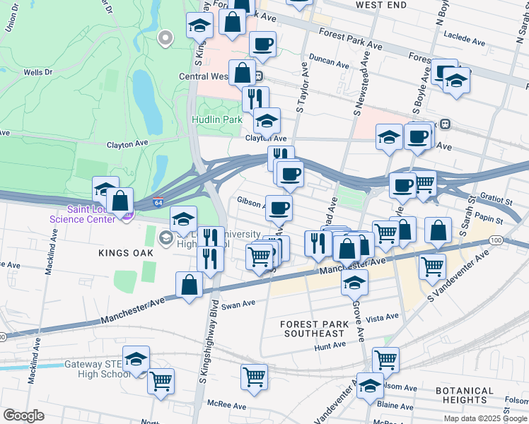 map of restaurants, bars, coffee shops, grocery stores, and more near 4532 Gibson Avenue in St. Louis