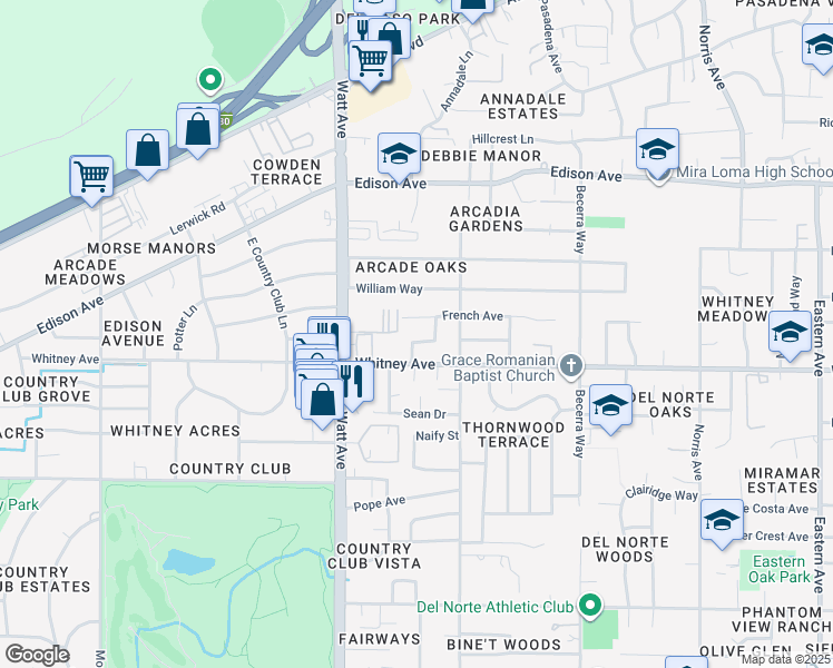 map of restaurants, bars, coffee shops, grocery stores, and more near 3521 Domich Way in Sacramento