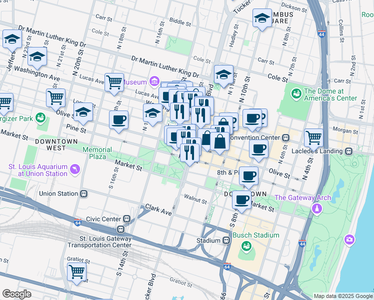 map of restaurants, bars, coffee shops, grocery stores, and more near 231 North Tucker Boulevard in St. Louis