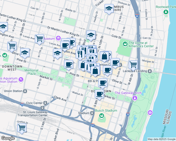 map of restaurants, bars, coffee shops, grocery stores, and more near in St. Louis