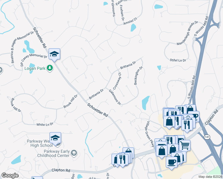 map of restaurants, bars, coffee shops, grocery stores, and more near 1868 Gatemont Drive in Chesterfield
