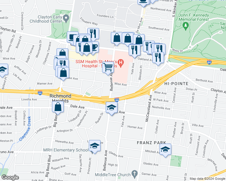 map of restaurants, bars, coffee shops, grocery stores, and more near 1220 Bellevue Avenue in Richmond Heights