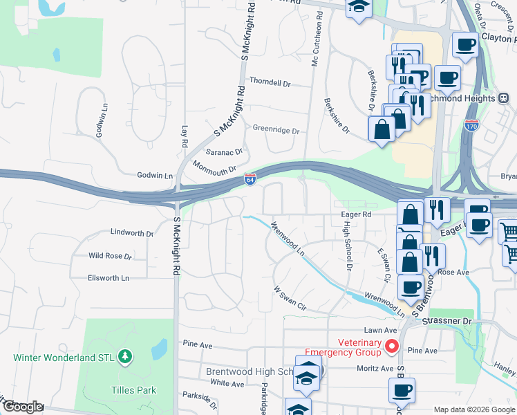 map of restaurants, bars, coffee shops, grocery stores, and more near 83 Chafford Woods in St. Louis