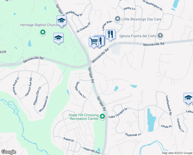 map of restaurants, bars, coffee shops, grocery stores, and more near 14807 Spriggs Road in Woodbridge